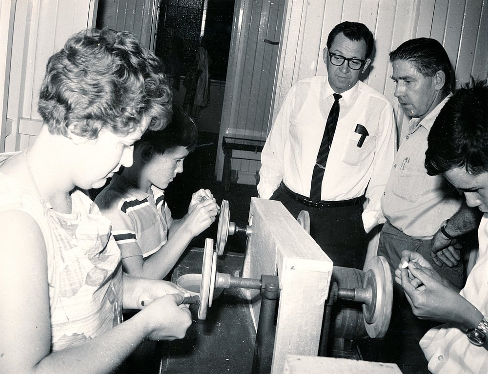 Lapidary Club president Don Parkinson &amp; Sir James Foots at the first club house opening, Mineside, February 1968