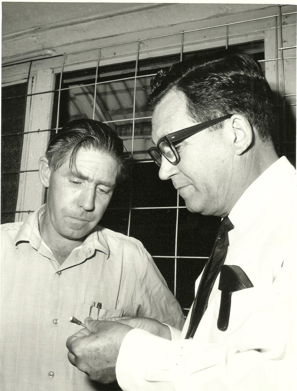 Lapidary Club president Don Parkinson &amp; Sir James Foots at the first club house opening, Mineside, February 1968