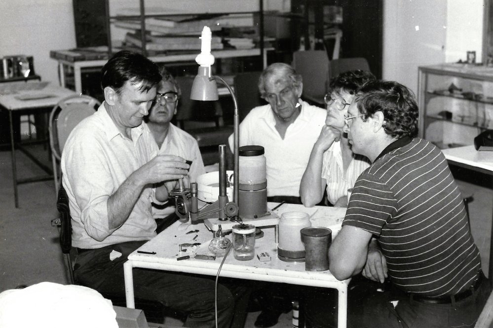 Lapidary Club member Nev Whitworth sharing faceting techniques to other members, Soldiers Hill