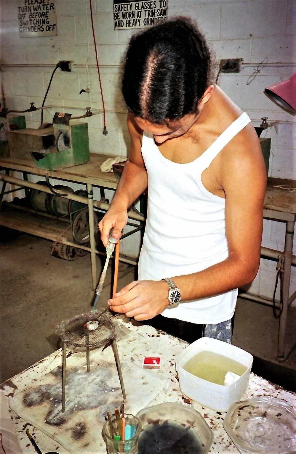 Lapidary Club member soldering silver jewellery, Soldiers Hill, April 2022