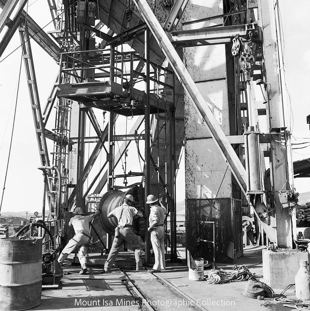Installing cable in K57 (R62) Shaft, Mount Isa Mines, January 1964