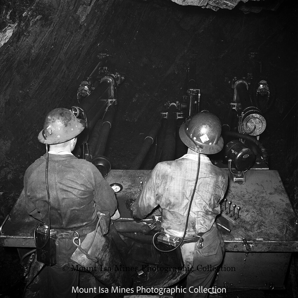 Miners Drilling With 3 Boom Jumbo Underground, Mount Isa Mines, April 1964