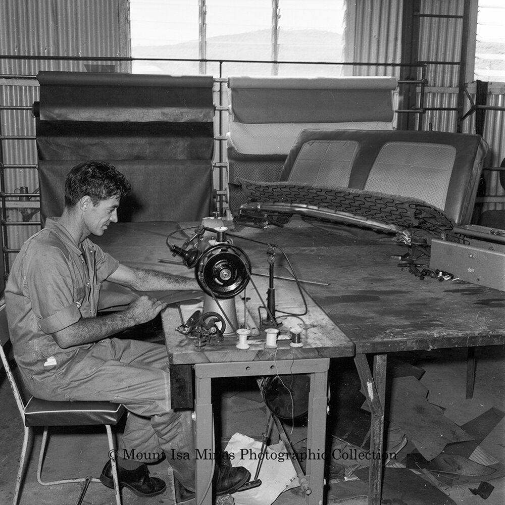 Upholstery Shop Barkly Motors, Mount Isa City, February 1964