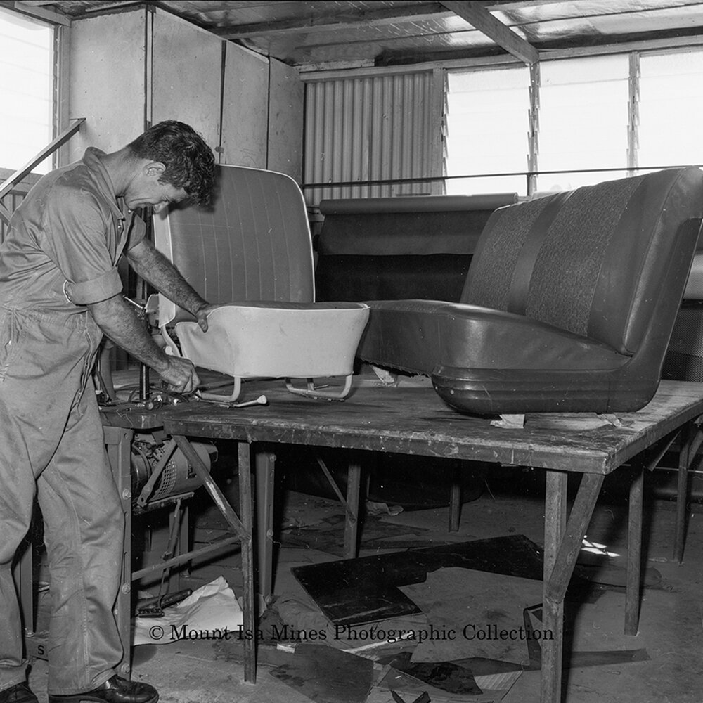 Upholstery Shop Barkly Motors, Mount Isa City, February 1964