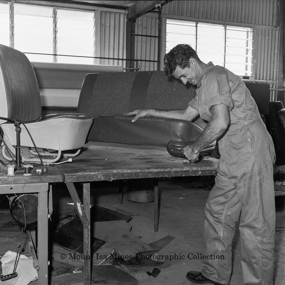 Upholstery Shop Barkly Motors, Mount Isa City, February 1964