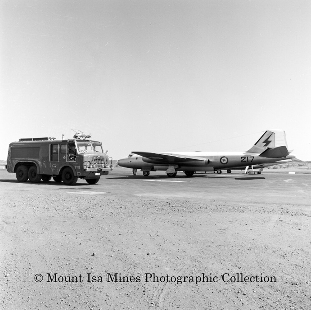 RAAF Canberra Bomber and Fire Tender, Mount Isa Airport, July 1964