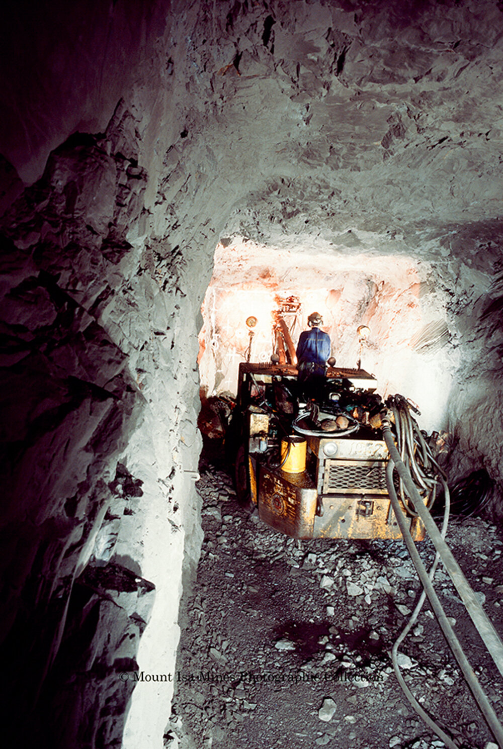 Gardner Denver 3 boom jumbo drill rig, Mount Isa Mines, c.1986
