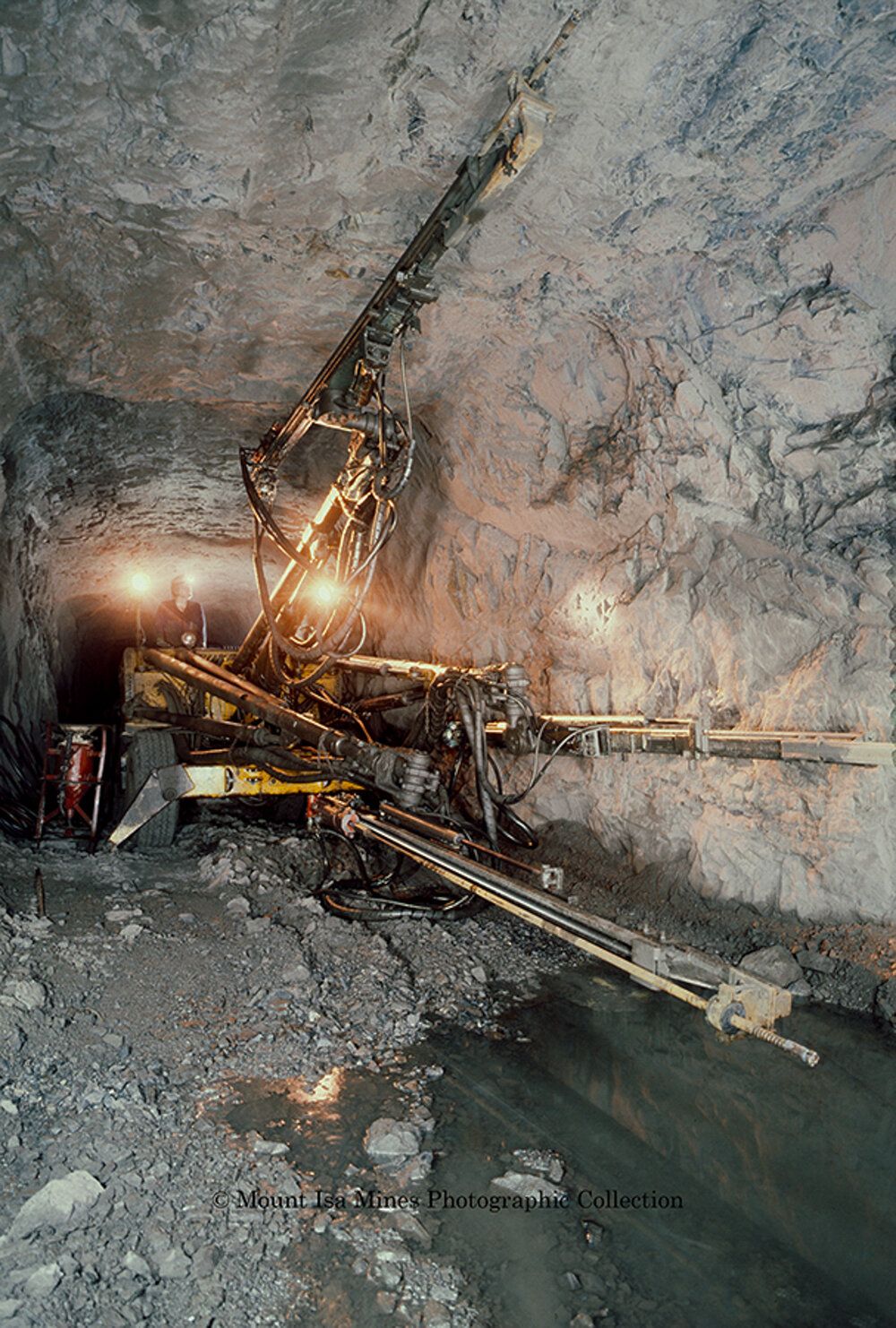 Gardner Denver 3 boom jumbo drill rig, Mount Isa Mines, January 1987