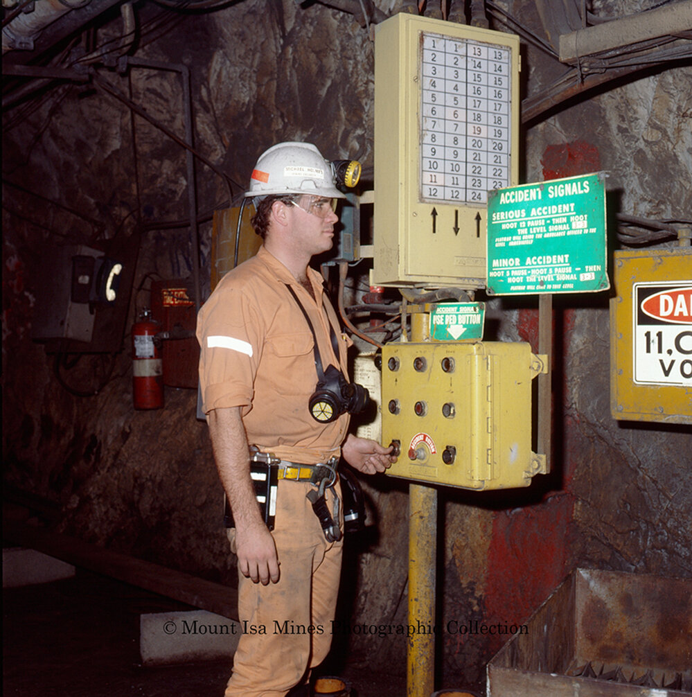 Lead mine mining engineer Michael Holmes at R62 Plat, Mount Isa Mines, c.1989 