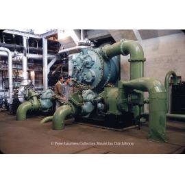 Condenser with cooling water pumps at Mines Power Station, Mount Isa Mines, c.1956