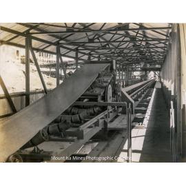 View showing Travelling Throw Off on No 3 Smelter Conveyor over Storage Bins, December 1930