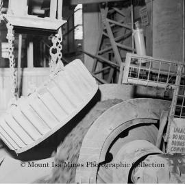 Magnet on conveyor at mill, Mount Isa Mines, November 1959