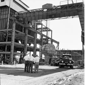 Lifting stator into position, Mica Creek Power Station, February 1959