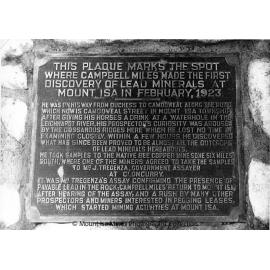 Commemorative plaque of where John Campbell Miles first discovered lead, Mount Isa Mines, c.1958