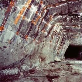 Hanging wall strapping and mesh ground support in lead mine, Mount Isa Mines, c.1980s