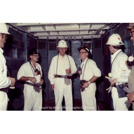 Prince Philip in main R62 cage going underground, Mount Isa Mines, April 1970