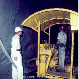 Prince Philip watches drill rig, Mount Isa Mines, April 1970