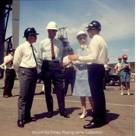 Queen Elizabeth II and Prince Philip at R62 Winder Tower base, Mount Isa Mines, April 1970