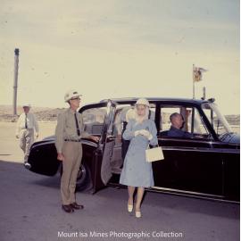 Queen Elizabeth II and Prince Philip arrive No 2 Concentrator, Mount Isa Mines, April 1970