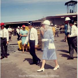 Queen Elizabeth II and Prince Philip inspect machinery at R62 Marshalling Area, Mount Isa Mines, April 1970