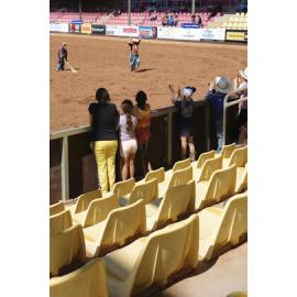 Rodeo clown performing, Mount Isa Mines Rodeo, August 2023