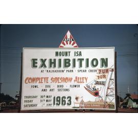 Sign of Mount Isa Exhibition, Spear Creek, May 1963