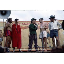 Roy Bells Boxing Troupe lining up fights, Mount Isa Exhibition, Spear Creek, May 1963