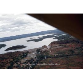 Lake Moondarra water over spillway from downstream, March 1962