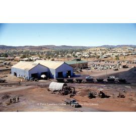 Garage, change house, and smelter time gate, Mount Isa Mines, September 1953