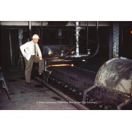 Dwight and Lloyd sinter plant roasting sinter at Lead Smelter, Mount Isa Mines, July 1956